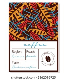 Leaf pattern coffee label. African pattern coffee packaging design in kogi brown, blue and pink colors