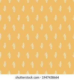 Leaf pattern design, nature vector seamless repeat of hand drawn leaves on a yellow background. Cute foliage design resource. 
