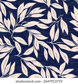 Leaf pattern, indigo and white color scheme on linen fabric print pattern, cotton, silk, vector illustration, doodle summer, kids and baby designs for print fabric.