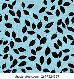 Leaf pattern, light blue background with black leaves. Linen fabric print pattern, cotton, silk, vector illustration, doodle summer, kids and baby designs for print fabric.