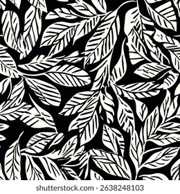 Leaf pattern, linocut style, white ink on black background, on linen fabric print pattern, cotton, silk, vector illustration, doodle summer, kids and baby designs for print fabric.