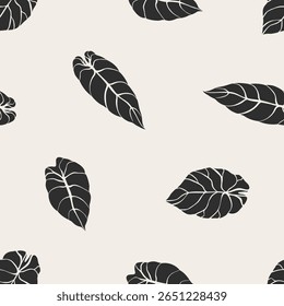 Leaf pattern, seamless repeating print. Exotic tropical leaves, endless background design for textile, fabric, wrapping. Organic natural black and white leafy texture. Flat vector illustration