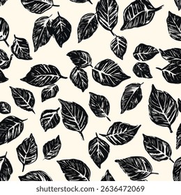 Leaf pattern, simple line art, ink, black and white, Stamp print on fabric seamless pattern,  linen, cotton, silk, vector illustration, doodle summer, kids and baby designs for print fabric.