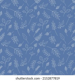 Leaf pattern. Vector seamless background with outline white leaves. Hand drawn leaf plant repeat illustration.