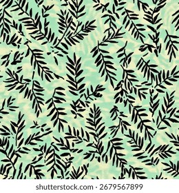 Leaf patterns, fern leaves pattern in black on a mint green background. Linen fabric print pattern, cotton, silk, vector illustration, doodle summer, kids and baby designs for print fabric.
