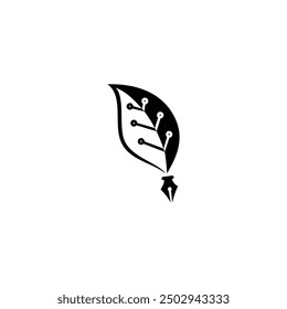 Logotipo plano blanco negro digital de la pluma de hoja, color editable del diseño del Vector