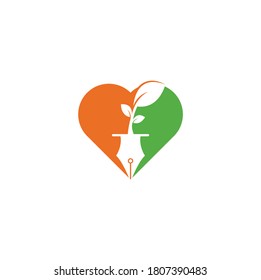Leaf and pen heart shape concept logo design. Education and writer community Logo.