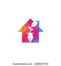 Leaf and pen home shape concept logo design. Education and writer community Logo.