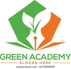 combinación de icono de hoja y pluma verde natural logo académico y concepto de diseño.