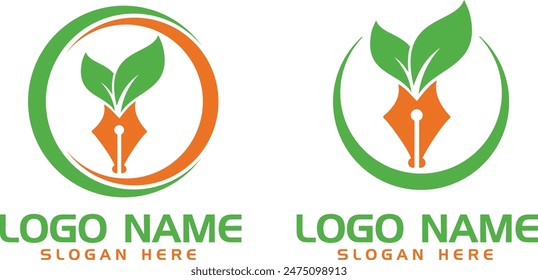 combinación de icono de hoja y pluma verde natural logo académico y concepto de diseño.