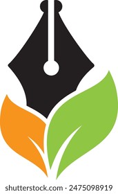 leaf and pen icon combination natural green academic logo and design concept.