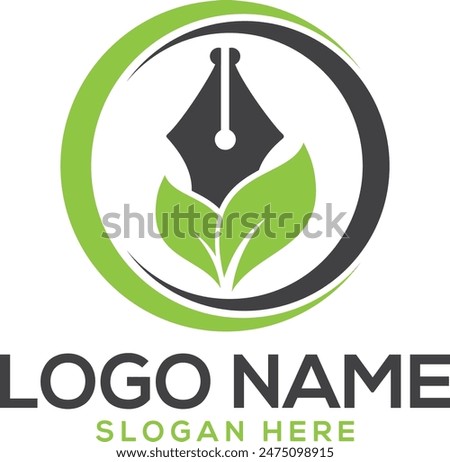 leaf and pen icon combination natural green academic logo and design concept.
