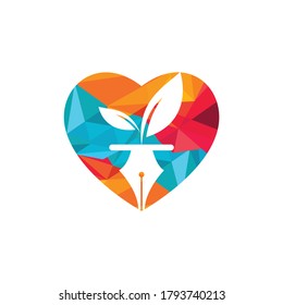 Leaf and pen logo design. Education and writer community Logo. Heart with leaf and nab icon design.