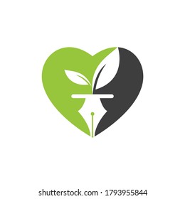 Leaf and pen logo design. Education and writer community Logo. Heart with leaf and nab icon design.