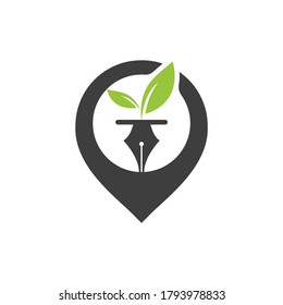 Diseño del logotipo de la hoja y la pluma. Logo de la comunidad educativa y escritora. Pin con diseño de ícono de hoja y nab.
