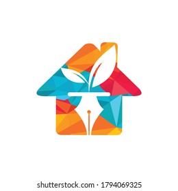 Diseño del logotipo de la hoja y la pluma. Logo de la comunidad educativa y escritora. Hogar con diseño de ícono de hoja y nab.