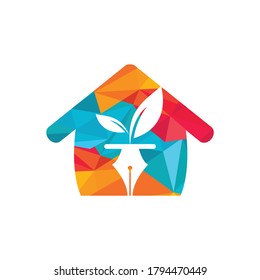 Leaf and pen logo design. Education and writer community Logo. Home with leaf and nab icon design.