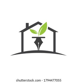 Leaf and pen logo design. Education and writer community Logo. Home with leaf and nab icon design.
