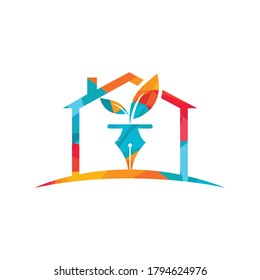 Leaf and pen logo design. Education and writer community Logo. Home with leaf and nab icon design.