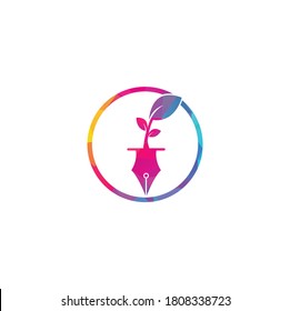 Diseño del logotipo de la hoja y la pluma. Logo de la comunidad educativa y escritora.