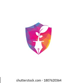 Leaf and pen shield shape concept logo design. Education and writer community Logo.