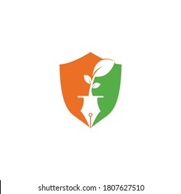 Leaf and pen shield shape concept logo design. Education and writer community Logo.