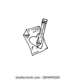 leaf, pencil, heart sketch vector illustration on white background