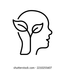 Leaf and Person Brain Ecology Environment Concept Line Icon. Plant in Human Head Linear Pictogram. Tree Branch Ecology Idea Outline Icon. Green Thinking. Editable Stroke. Isolated Vector Illustration.