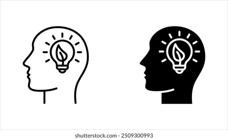 Leaf and Person Brain Ecology Environment Concept Line Icon set. Plant in Human Head Linear Pictogram. vector illustration on white background