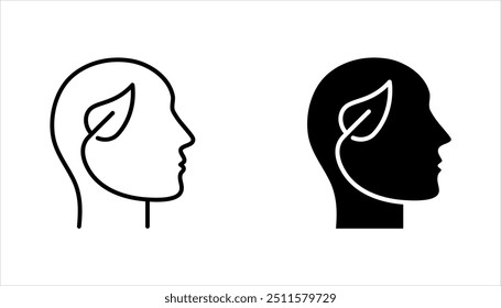 Leaf and Person Brain Ecology Environment Concept Line Icon set. Plant in Human Head Linear Pictogram. vector illustration on white background