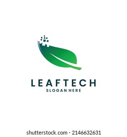 diseño moderno de logotipo de hoja con diseño de logotipo de píxel, plantilla de icono de tecnología hoja