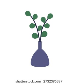 Rama de planta de hoja en jarrón de cerámica. Ramitas de eucalipto, subgrupos frondosos, decoración botánica floral natural. Decoración interior del hogar, hojas. Ilustración vectorial plana aislada sobre fondo blanco