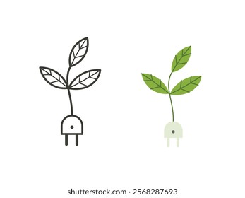 Leaf plant with electric plug. Green renewable energy, Natural eco friendly electricity