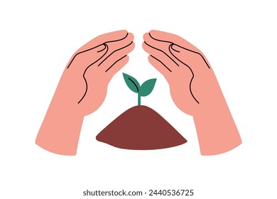 Leaf plant growing in earth, ground. Hand caring about green sprout, saving nature. Ecology, environment conservation, protection concept. Flat graphic vector illustration isolated on white background