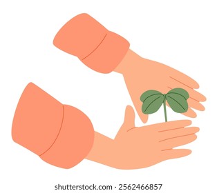 Leaf plant growing in earth, ground. Hand caring about green sprout, saving nature. Ecology, environment conservation, protection concept. Flat graphic vector illustration isolated on white background