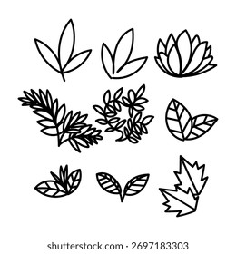 Conjunto de colección de ilustración de hojas y plantas en estilo dibujado a mano doodle 