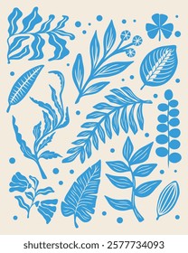 Leaf plant jungle botanical nature exotic motif blue silhouette tropical pattern background vector layout fabric textile print art editable