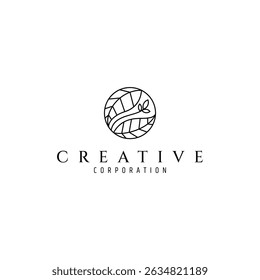 leaf plant logo in circle frame in line art design