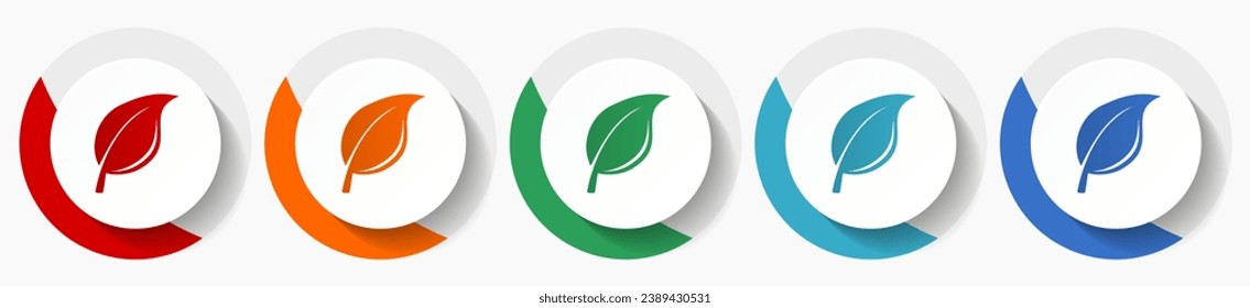Leaf, plant, nature vector icon set, flat design colorful round icons in 5 color options for webdesign and mobile applications