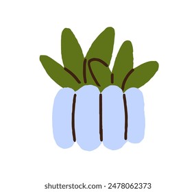 Leaf plant in pot. Houseplant growing in flowerpot. Green foliage, natural indoor interior decoration. Home and office greenery with leaves. Flat vector illustration isolated on white background