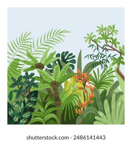 Leaf plants card. Green jungle nature, greenery. Botanical ecological background. Exotic tropical flora, foliage vegetation, fresh garden growth. Floral postcard design. Flat vector illustration