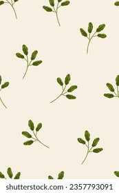 Leaf plants, seamless pattern. Endless botanical background, green leaves, branches, twigs. Repeating print, texture design for textile, fabric, cloth, wrapping, decoration. Flat vector illustration
