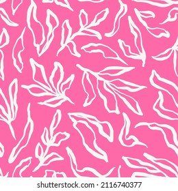 Leaf plants seamless repeat pattern on pink background. Random placed, vector botanical plants all over print.