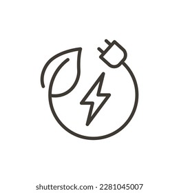 Leaf, plug plant and electricity vector thin line outline icon illustration. Image for electricity, saving energy, sustainability, renewable alternative energies