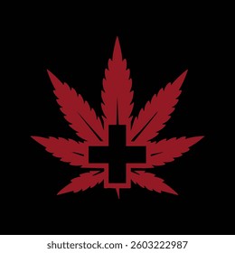 Leaf plus red marijuana leaf with a medical cross on black
