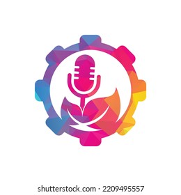 Leaf podcast gear shape concept logo design template. Podcast talk show logo with mic and leaves