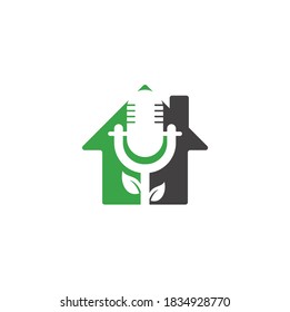 Leaf podcast home shape concept logo design template. Nature Podcast Logo Template Vector. Podcast Nature logo.	