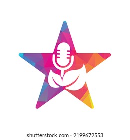 Leaf podcast star shape concept logo design template. Podcast talk show logo with mic and leaves.