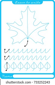 Leaf. Preschool Worksheet For Practicing Fine Motor Skills - Tracing Dashed Lines. Tracing Worksheet.  Illustration And Vector Outline - A4 Paper Ready To Print.