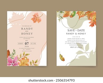 Tarjeta de invitación de boda de otoño de hojas y calabazas